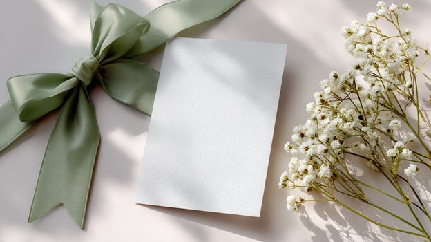 Elegant wedding stationery your scene featuring a blank card, green envelope with bow and white gypsophila flowers, perfect for showcasing mockup designs photo