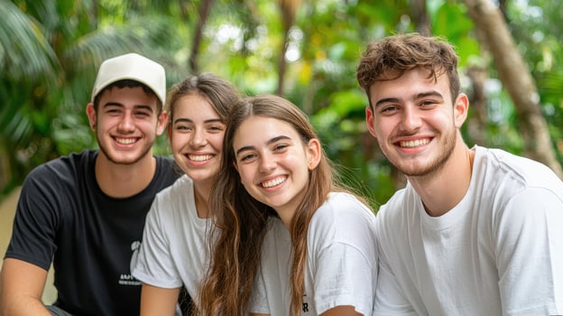 Group smiling outdoor on nature retreat relaxation casual photo