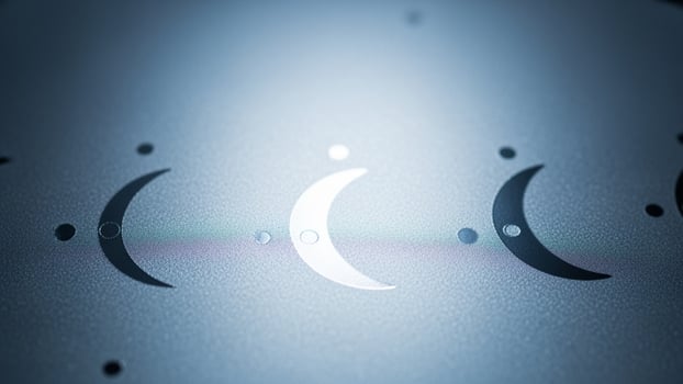 A crescent moon is shown in front of a blue background photo