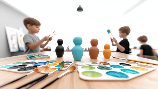 Kids painting ceramic figurines at creative art workshop photo