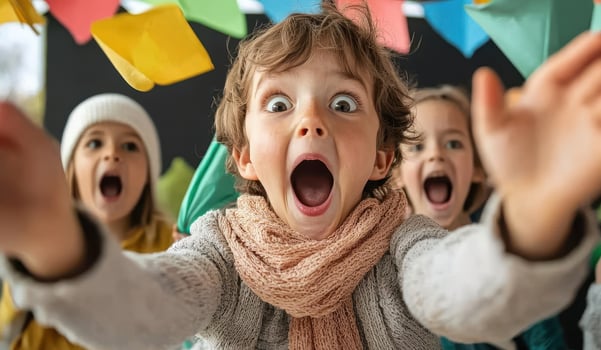 Playful excitement group silly expression at party celebration photo