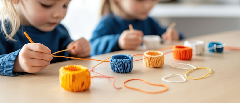 Children creating colorful string bracelets at craft activity photo