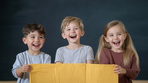 Three joyful kids laughing together behind yellow box paper photo