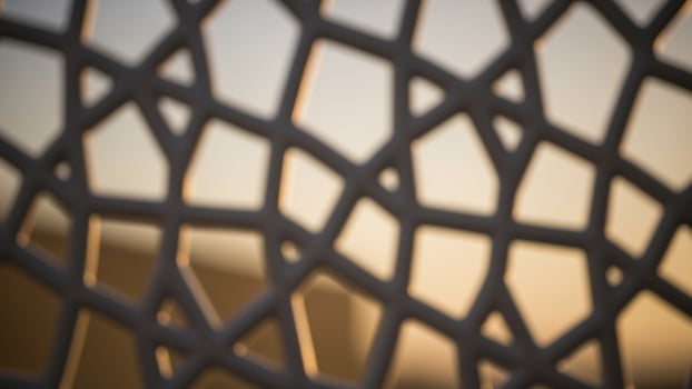 A close up of a lattice structure with a sunset in the background photo