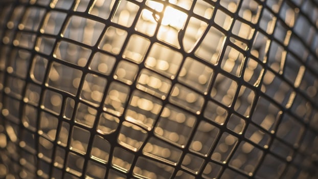 A close up of a metal mesh with the sun shining through it photo