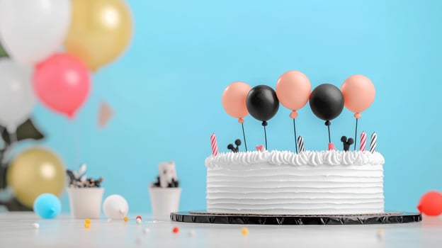 White cake with colorful balloons on blue party background photo