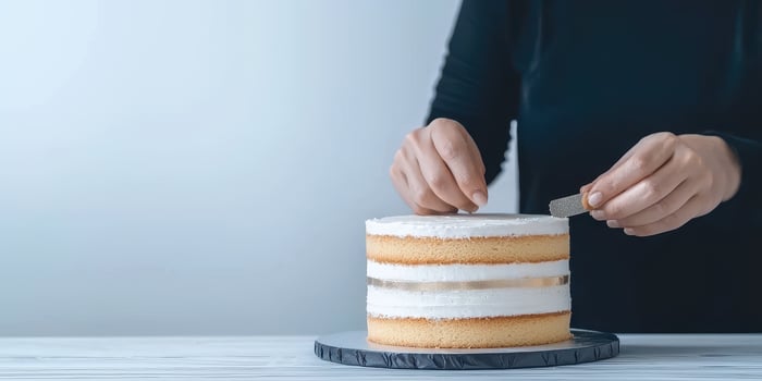 Baker decorating white layered cake with metallic element photo