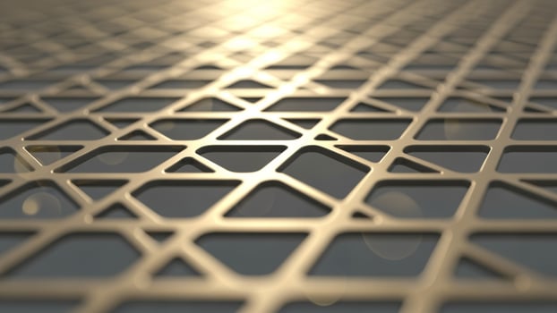 A 3d image of a metal grid with a sun shining through photo