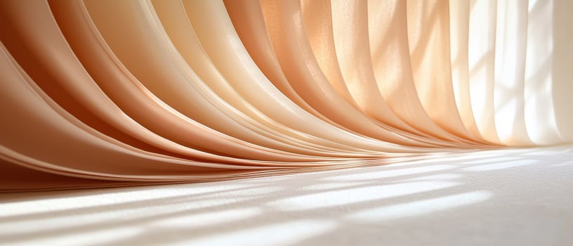 Soft beige fabric curtain with gentle folds and warm sunlight creating calm atmosphere photo