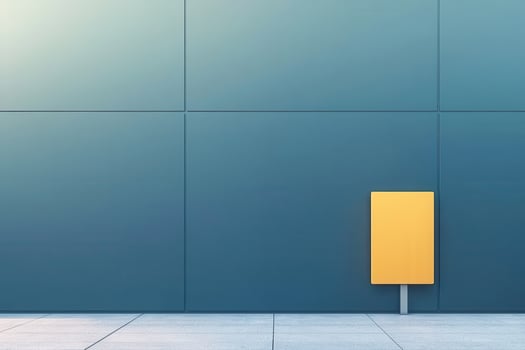Minimalist yellow signboard on blue wall with tiled floor, calm and modern urban design photo