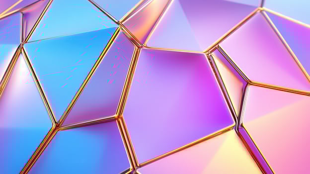 Iridescent triangular facets forming metallic sphere, reflecting gradient light in pink, gold tones purple, photo