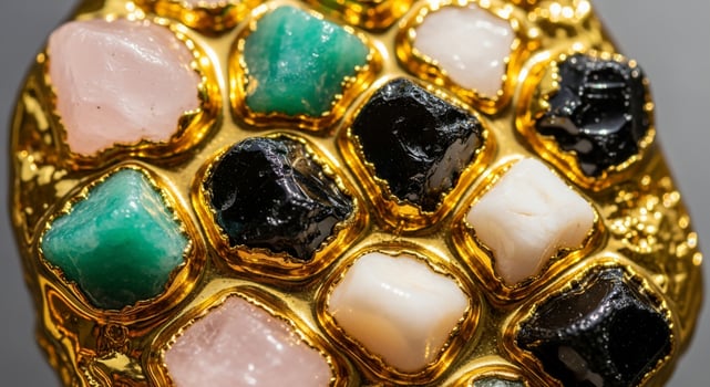 A gold ring with a variety of colored stones photo