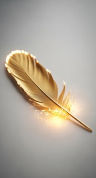 A single golden feather with glowing light and sparkles photo