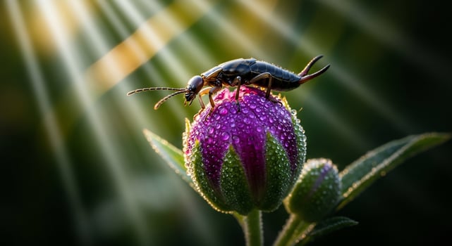 A bug on a purple flower with sunlight shining through photo