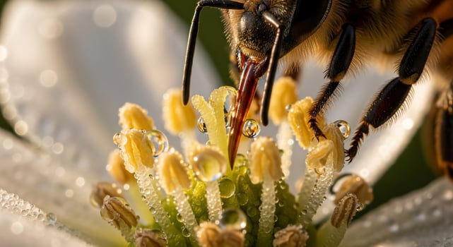 A bee is eating from a white flower photo