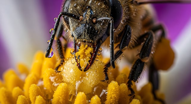 A bee is on a flower with a yellow center photo