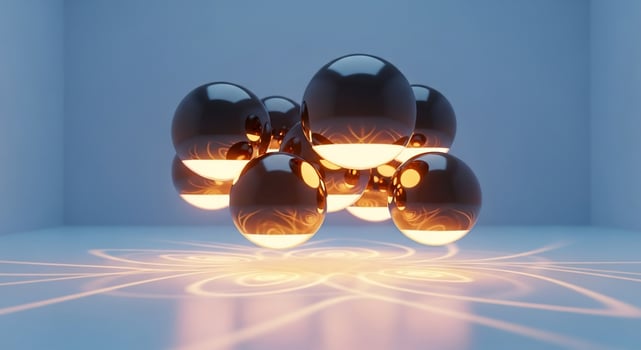 Gleaming Spheres Reflecting Warm Light in a Minimalist Blue Room photo