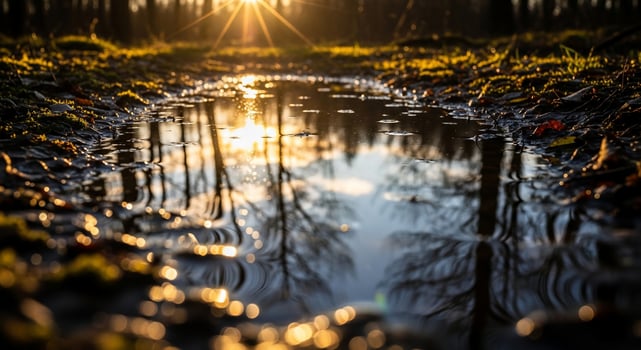 Golden Sunburst Reflecting in Forest Puddle Amidst Autumn Leaves photo