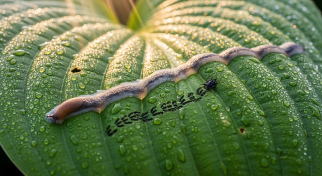 A worm crawling on a leaf with water droplets on it photo