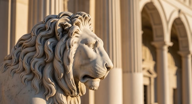 A statue of a lion in front of a building photo