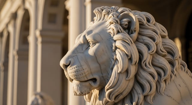 Majestic marble lion sculpture with detailed mane and regal profile photo
