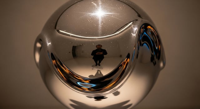 A man is reflected in a shiny object photo