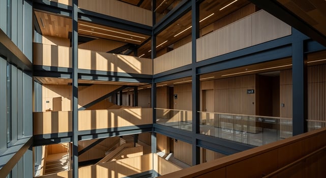 The atrium of a building with wooden walls and glass windows photo
