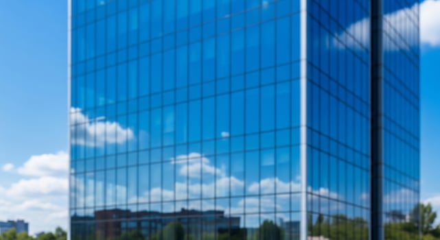 A large glass building with a blue sky in the background photo
