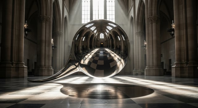 Monumental Sculpture Reflects Grand Cathedral Interior with Dramatic Light Rays photo
