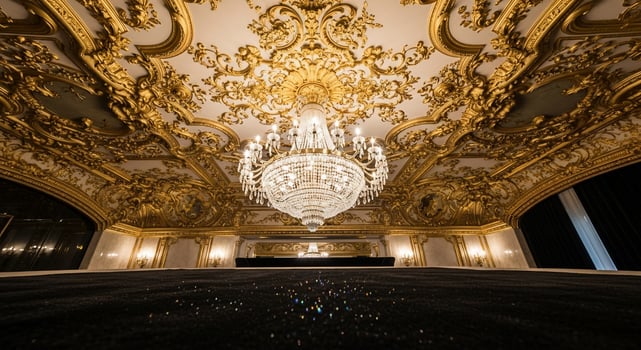 Opulent Baroque Ceiling with Crystal Chandelier and Gilded Ornate Details photo