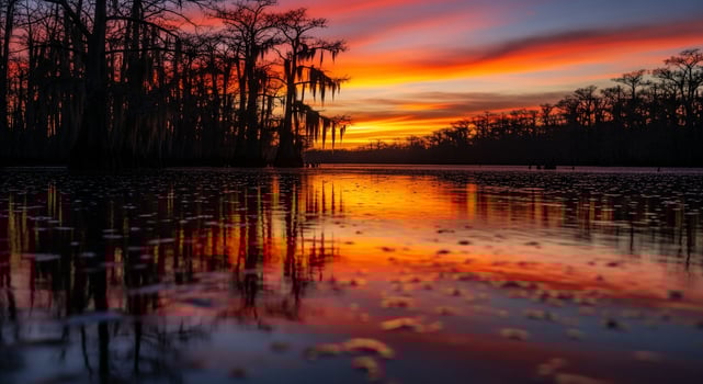 Serene Cypress Swamp at Sunset with Vivid Orange and Pink Sky Reflections photo