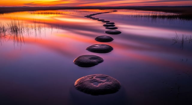 Serene Stepping Stones Path Across Water at Vibrant Sunset photo