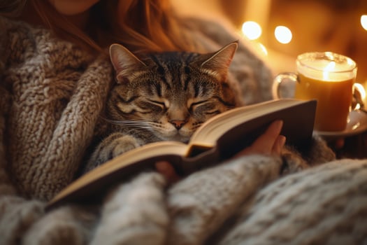 A woman is reading a book while holding a cat photo