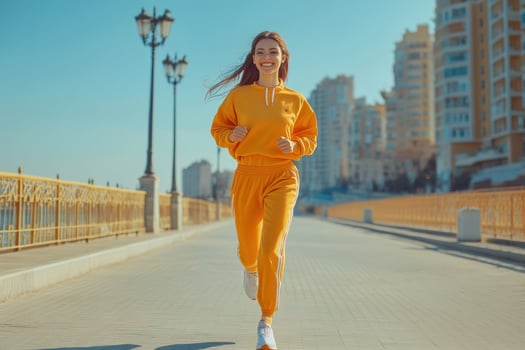 A woman in an orange outfit is running on a bridge photo