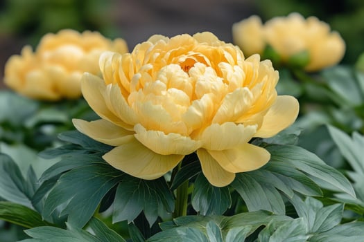 A yellow peony is blooming in a garden photo