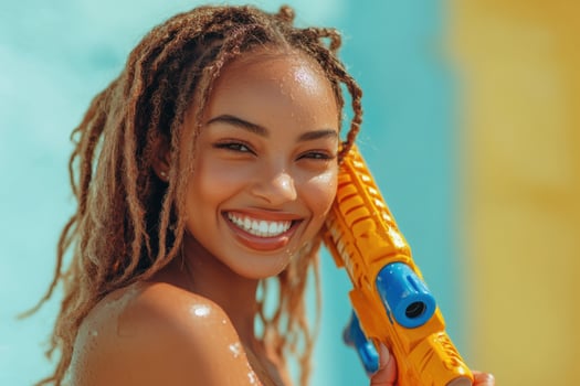 A woman with dreadlocks holding a water gun photo