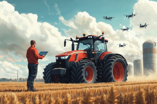 A man standing in front of a tractor with drones flying in the background photo