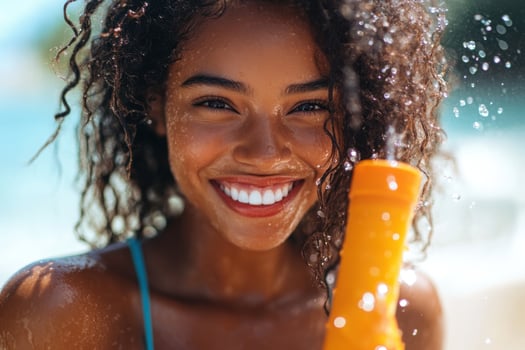 A woman is smiling and holding an orange water bottle photo