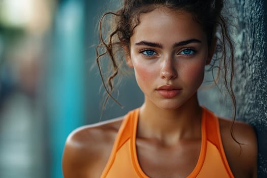 A beautiful young woman with blue eyes and a sporty outfit photo