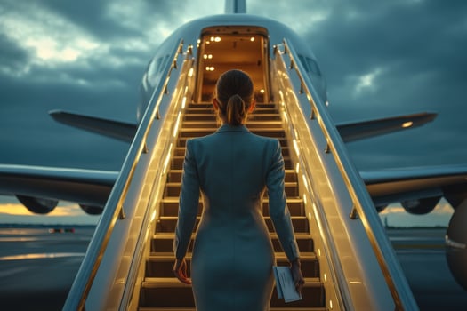 A woman in a business suit walking up the stairs to an airplane photo