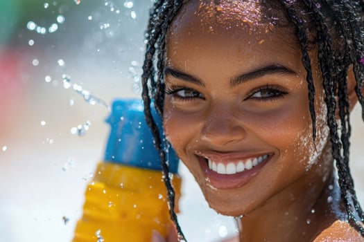 A woman is smiling while holding a water bottle photo