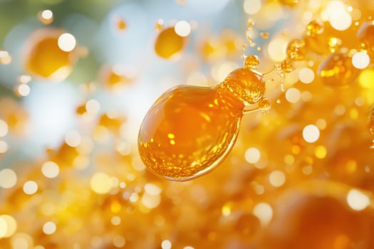 Orange oil drops in water with bubbles photo