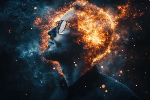 A man with fire coming out of his head photo
