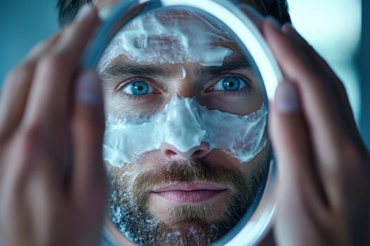 A man with facial skin care products in his face photo