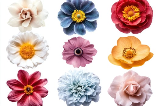 A collection of different colored flowers on a white background photo