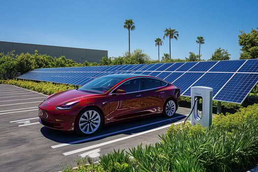 Tesla model 3 electric car charging at a solar panel photo