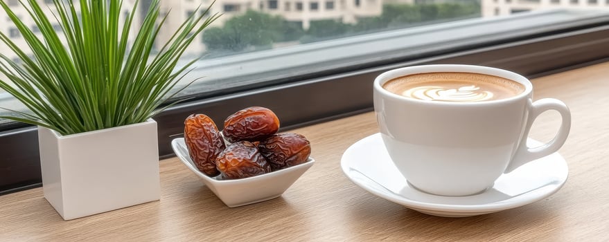 Cozy morning scene with cup of coffee, dried dates, and green plant by window photo