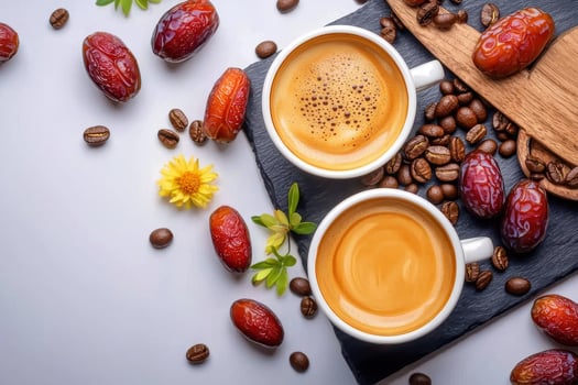 Two cups of freshly brewed coffee with dates and coffee beans on white surface with yellow flower photo