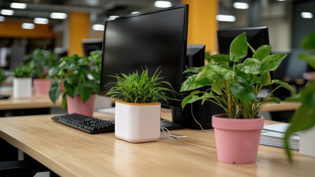 Indoor office desk with computer monitor and green potted plants creating fresh atmosphere photo