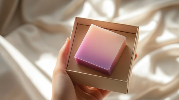Person holds box with ombre lavender to pink soap on satin cloth photo